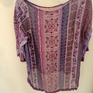 Language Women's Top in Purple and Pink Patterns